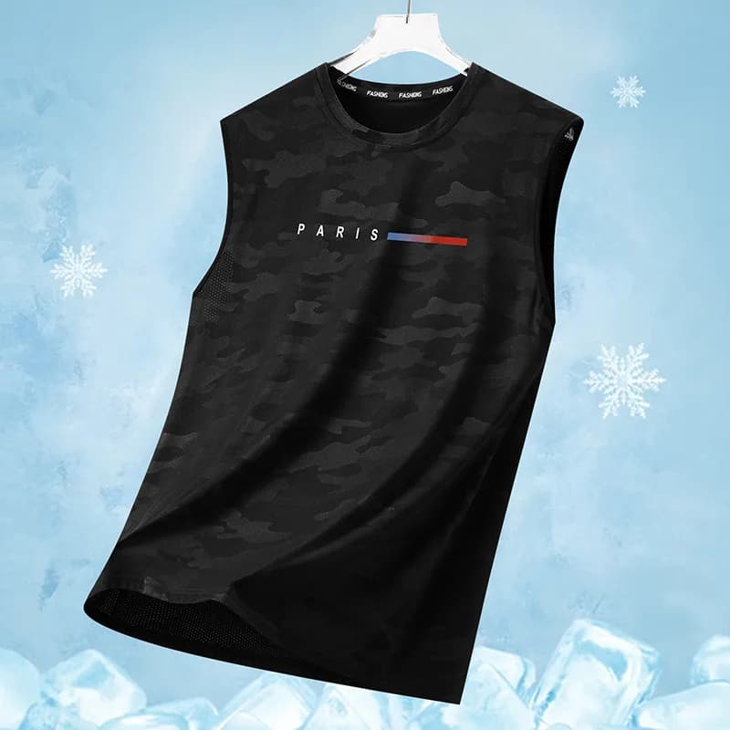 Men's Sleeveless T‑Shirt Summer Ice Silk Quick‑dry Mesh Tank Top Camouflage Print PARIS Letter Vest Gym Fitness Sports Workout T