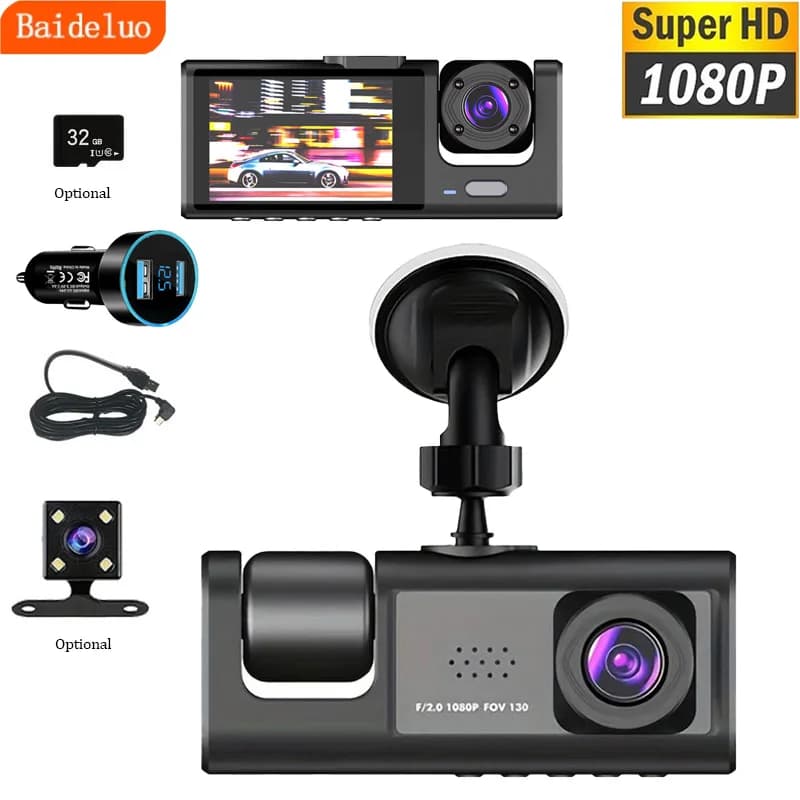 Dashcam 1080P high definition, third optional rear camera, optional 32G memory card, free car charger
