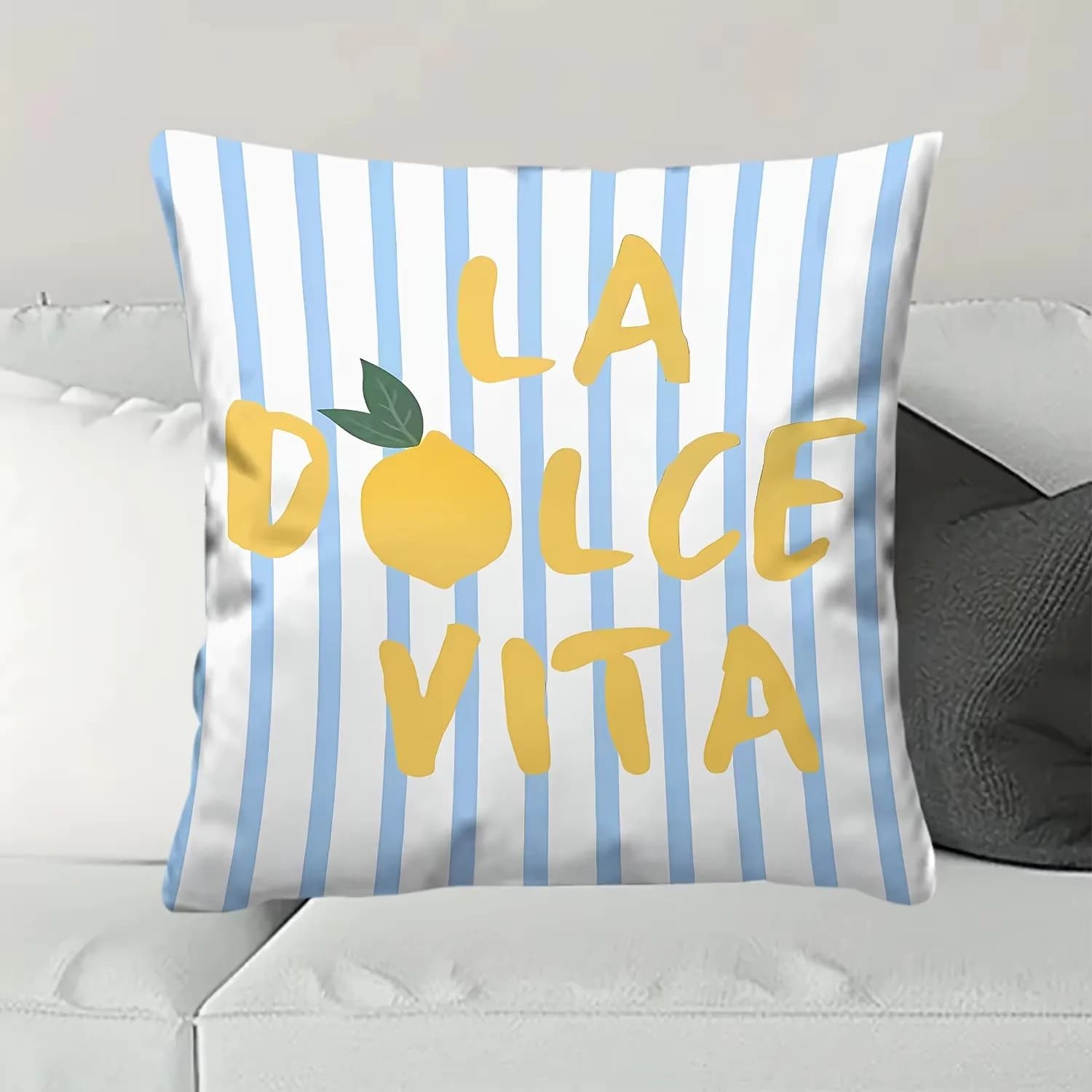 Blue White Striped La Dolce Vita Pillow Cover, Lemon Italian Summer Quote Cushion for Sofa Living Room Bedroom Decor Gift