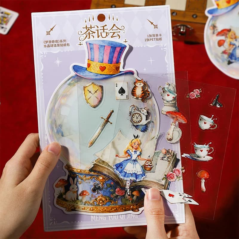 1/2 Confezioni Serie Avventura nel Paese delle Meraviglie: Pacchetto di Adesivi Scenari con Sfere di Cristallo, Materiale Decorativo Fai-da-te per Art Journal, 4 Stili