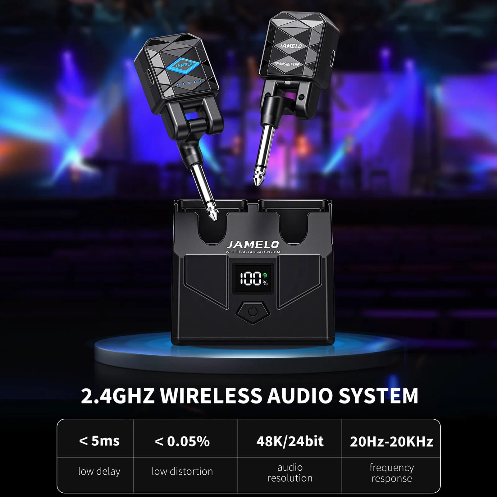 Wireless Guitar System Jamelo Ws-200 with Intelligent Charging Case - 15 Hours Total Reproduction, 4 Channels and 5Ms Delay, 220° Orientable Spina