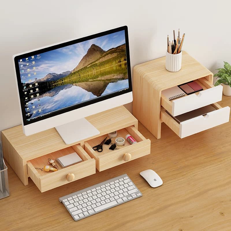 Supporto per Monitor da Scrivania con Scatola Portaoggetti in Legno, Rialzo per Schermo e Organizer per Ufficio e Notebook