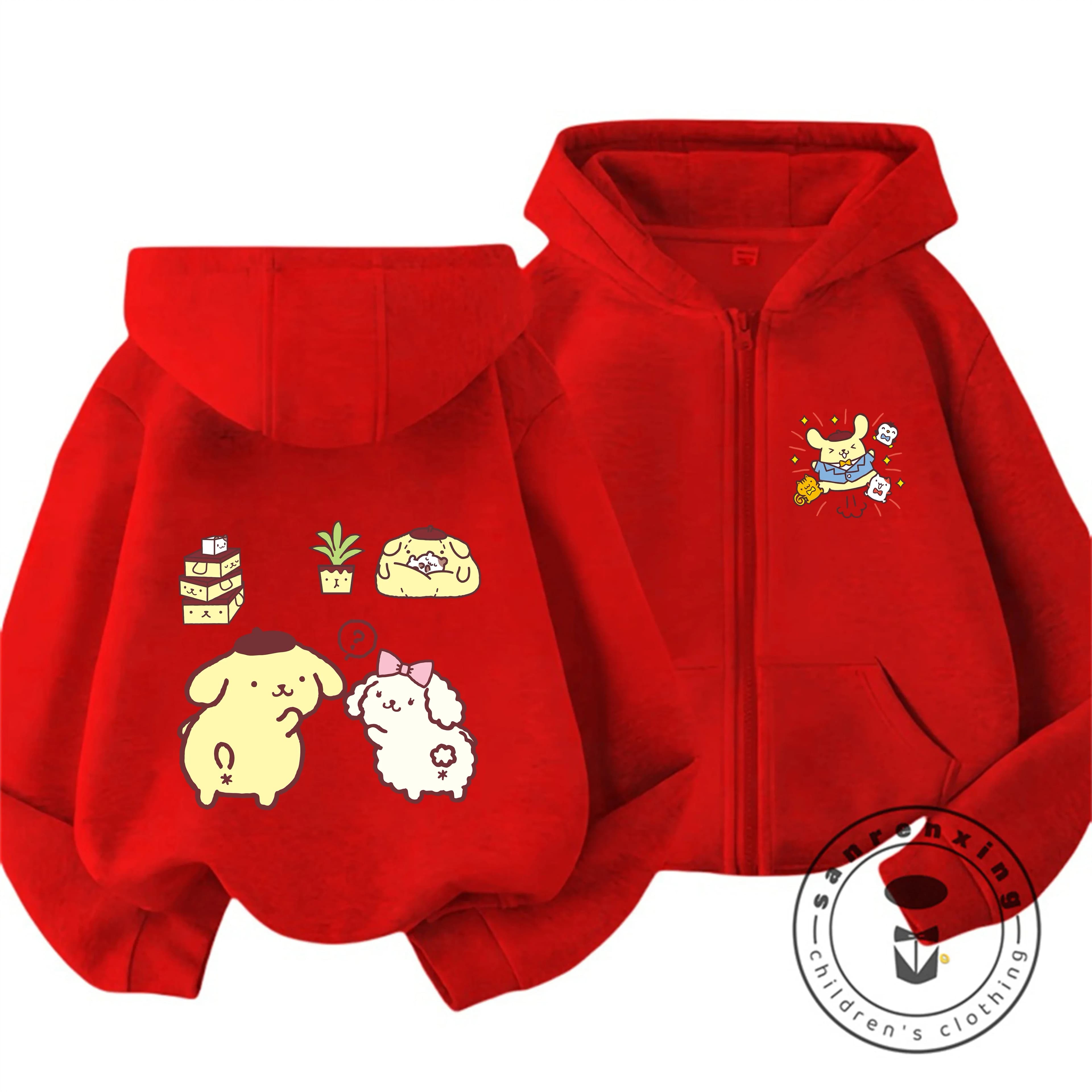 Giacca con cerniera e cappuccio in stile street fashion, abbigliamento casual per ragazzi con cartoni animati, Pom Pom Purin, bambini 3-14 anni