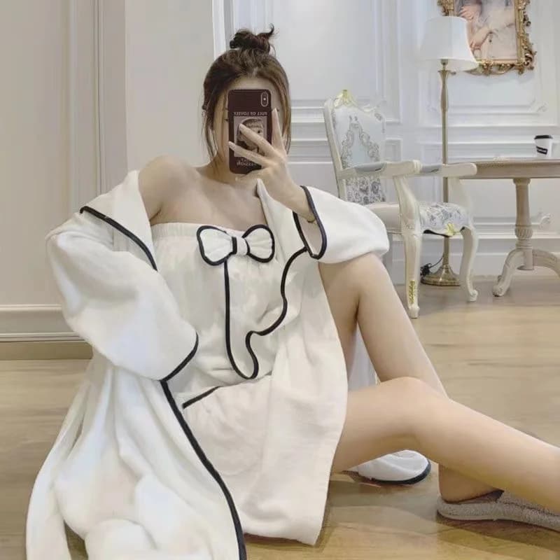 Assorbe l'acqua Robe Set da donna Carino fiocco Accappatoio Camicia da notte Flanella Addensare Bella casa Indumenti da notte a maniche lunghe Affascinante