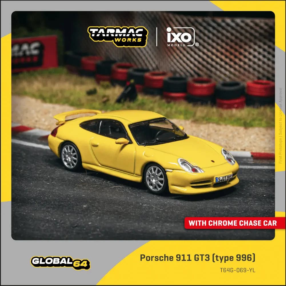 In Stock TW 1:64 Porsche 911 GT3 Type 996 Yellow Diecast Car Model Collection Toys Tarmac Works