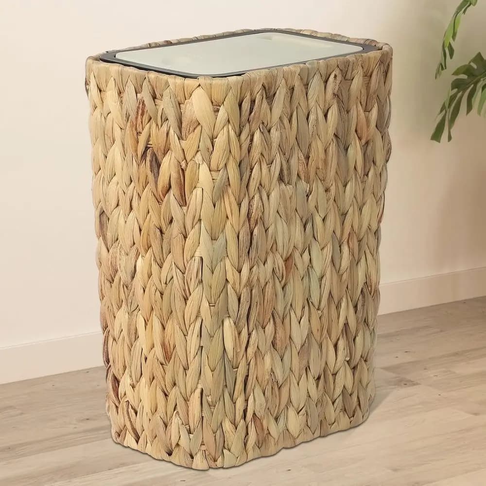 Cestino per Rifiuti in Rattan da 2,6 Galloni con Coperchio a Pressione, Cestino Intrecciato 2 in 1 per Rifiuti e Biancheria