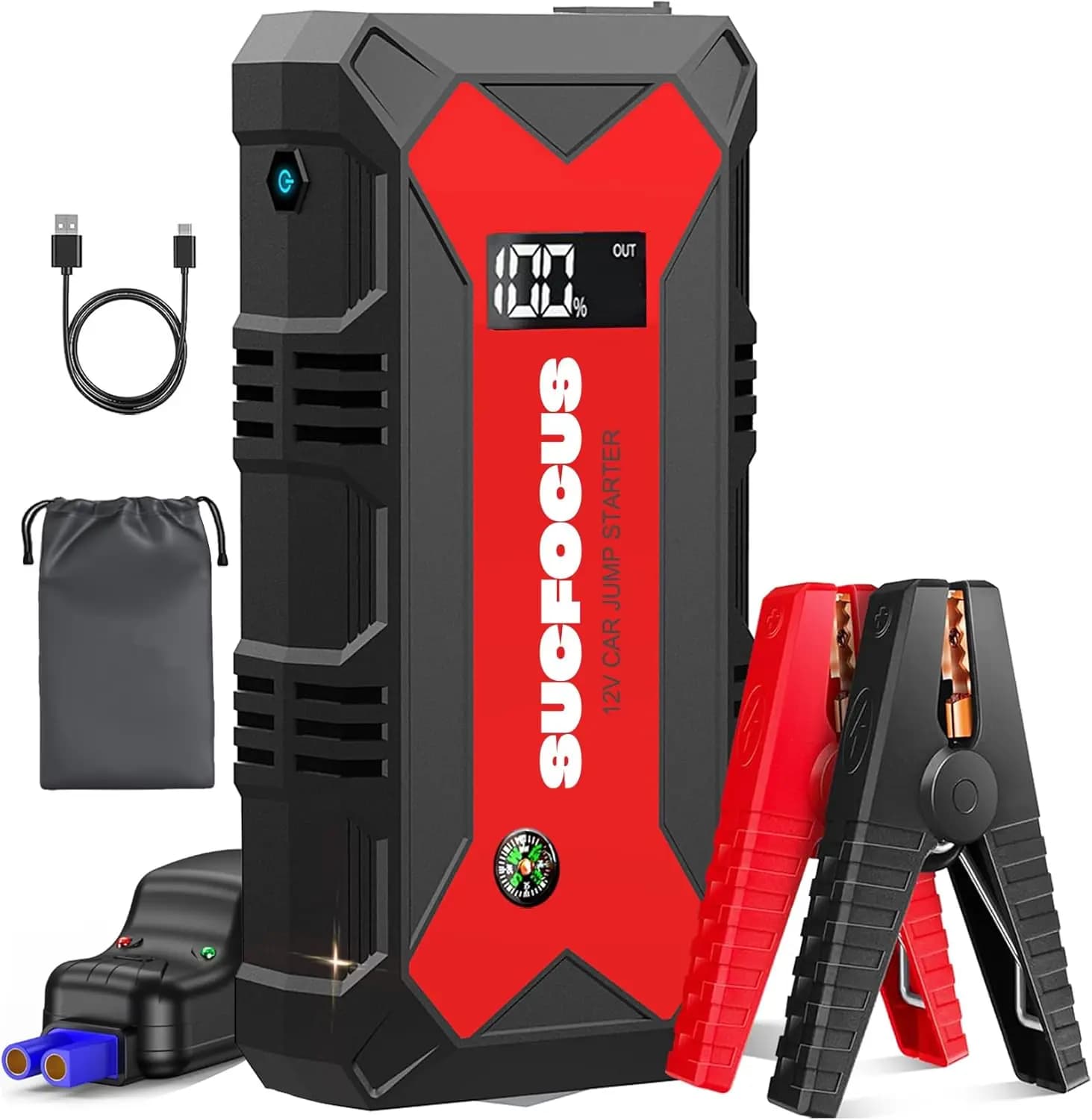 Avviatore di Emergenza Portatile 4000A per Auto con Motore a Benzina 9.0L o Diesel 7.0L, con Cavi di Avviamento, Luce LED, USB QC3.0