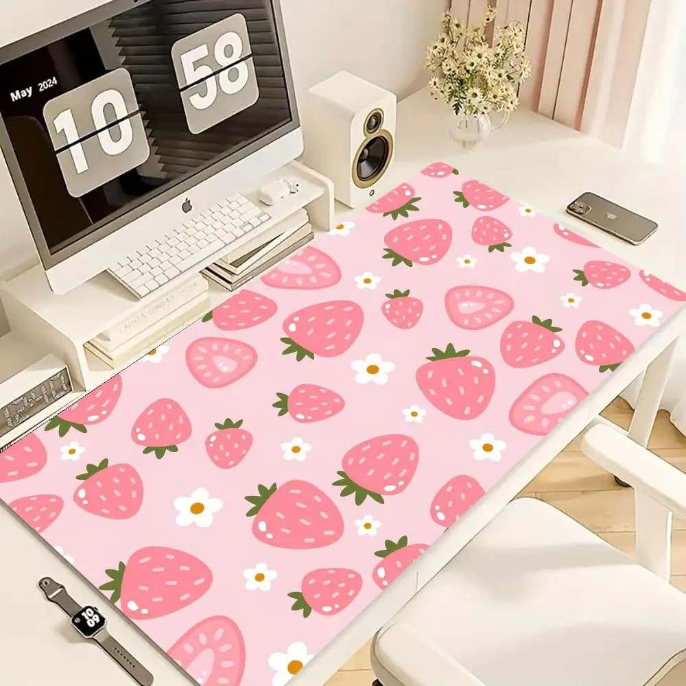 Tappetino da Scrivania a Tema Fragola, Mousepad Kawaii Rosa con Motivi di Latte e Fiori di Ciliegio, Estetica Pastello, Tappetino XXL per Gaming