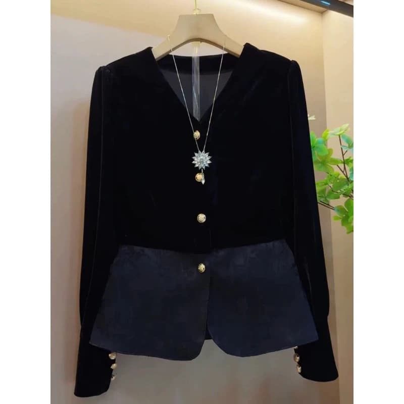 Button Contrast Patchwork Loose Vintage Blouse Spring Autumn Women Clothes Long Sleeve V Neck Harajuku Shirt Tops Casual Fashion