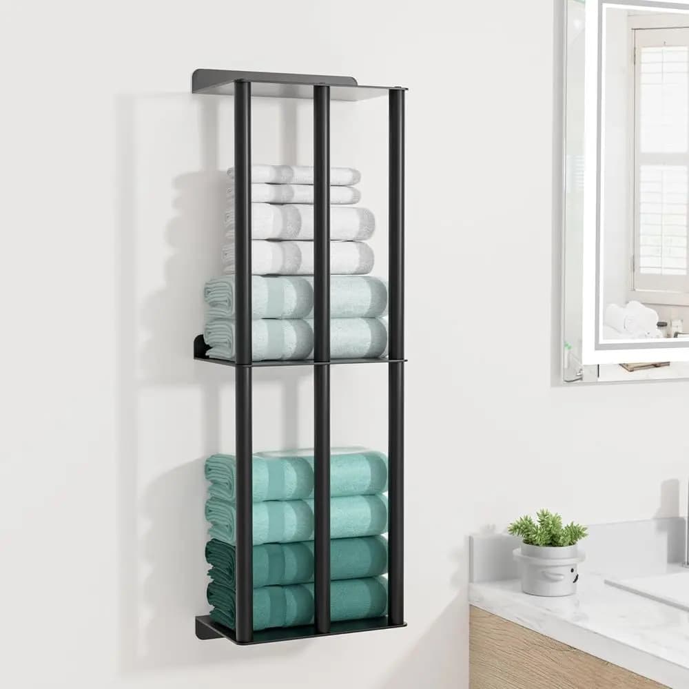 26 Wall Mounted Towel Rack, 3-Tier Storage with 3 Bars and 3 Shelves, Matte Black