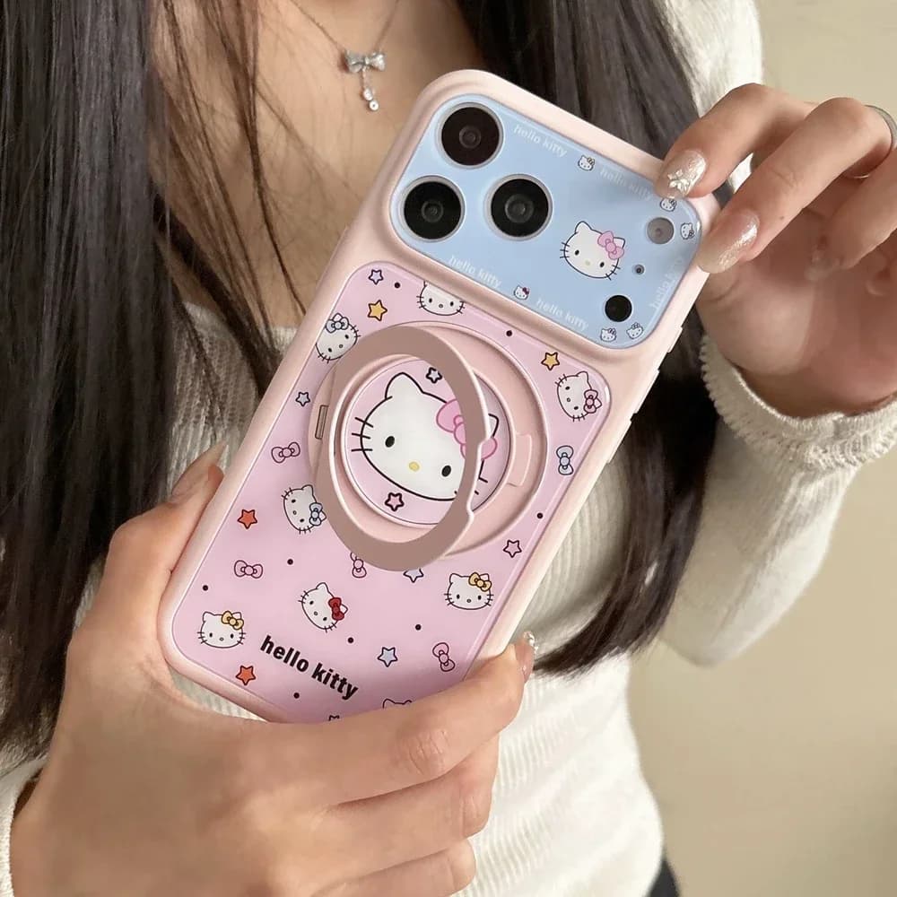 Custodia per telefono 360° con simpatico cartone animato Sanrio Y2K Hello Kitty Star ° Supporto Girevole per iPhone 17 16 15 Pro Max con Anello di Supporto Integrato