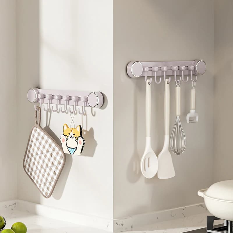 Single Pack Kitchen Suction Slide Hook, Bathroom Multi-Function 6 Hooks, No Installation, Easy to Use, Pet+abs Material