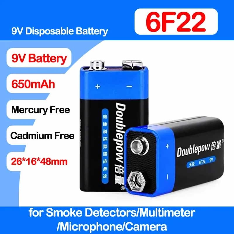 Batteria 6F22 9V 650mAh per Rilevatori di Fumo/Multimetri/Microfoni/Fotocamere, Senza Mercurio, Ecologica, Usa e Getta