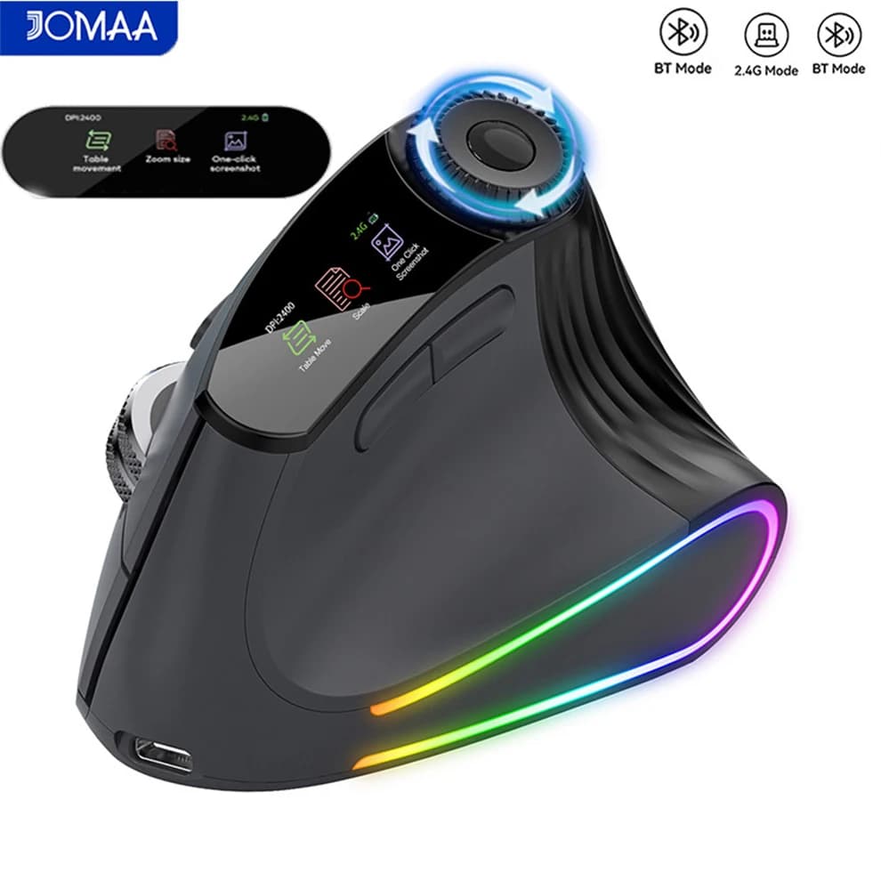 Mouse ergonomico wireless retroilluminato con scorrimento volante intelligente, manopola di regolazione della funzione, mouse da gioco ricaricabile Bluetooth e 2.4G