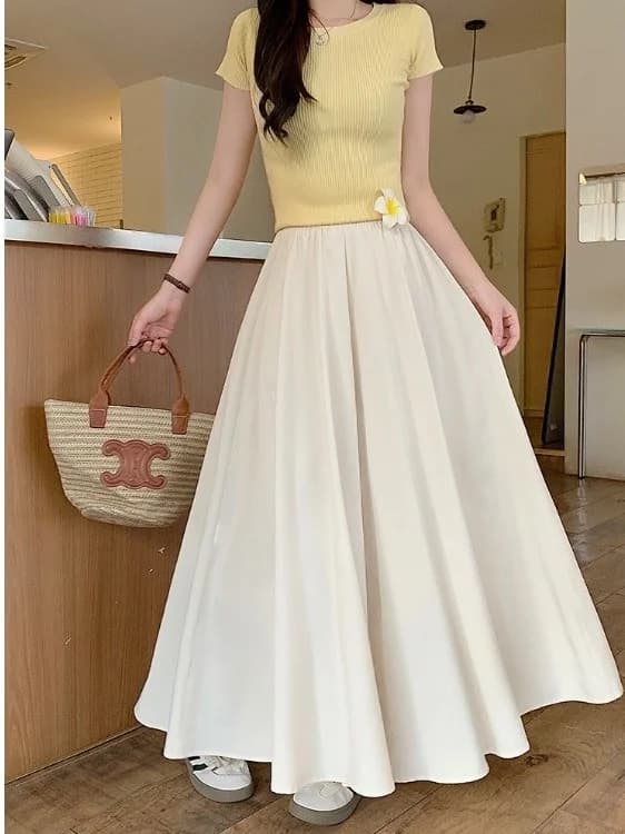 Gonna Midi Drappeggiata Bianca Versatile a Vita Alta per Donna Taglie Forti, Nuova Collezione Estiva, Modello Svasato a Linea A che Nasconde le Forme
