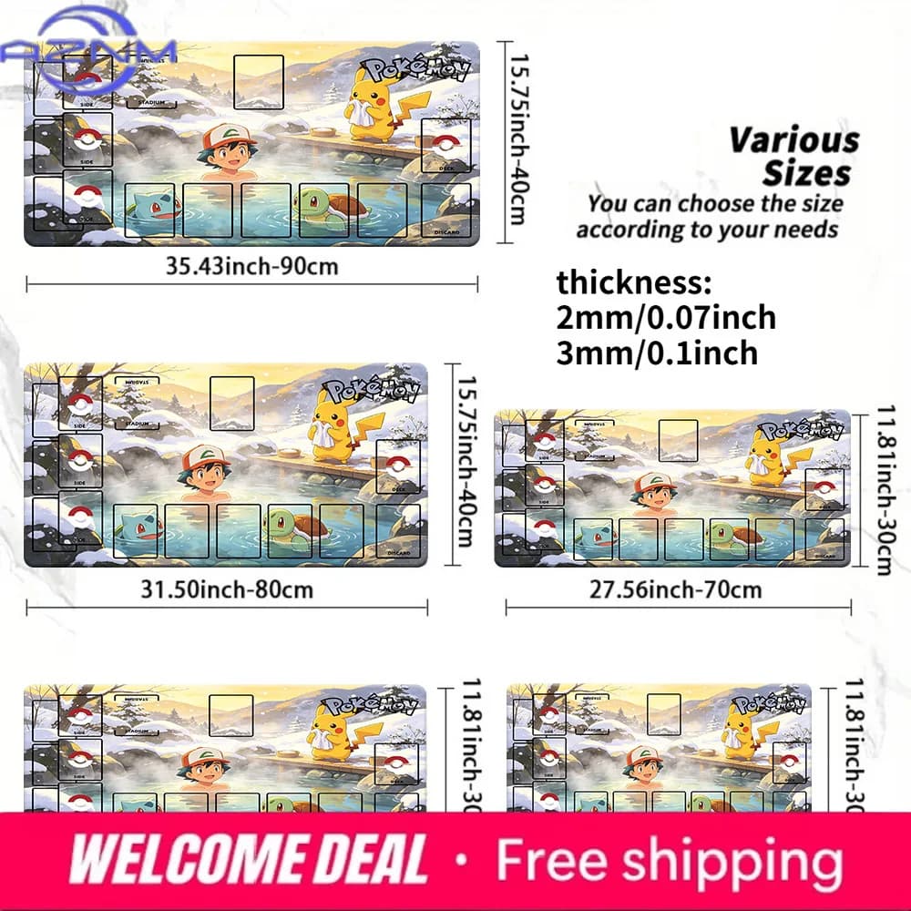 Tappetino da Gaming Grande Pokemon Ash Pikachu Winter Hot Spring, Tappetino da Scrivania Antiscivolo in Gomma per TCG e Uso Ufficio