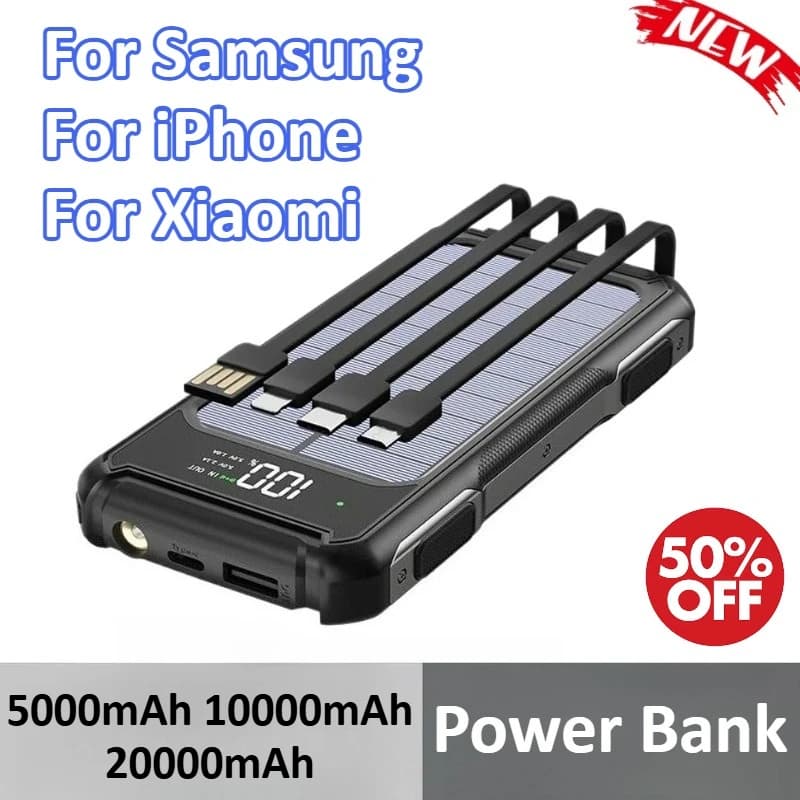 5000mAh 10000mAh 20000mAh Power Bank per Samsung Per iPhone Per Xiaomi Cavi integrati con pannello solare PowerBank portatile
