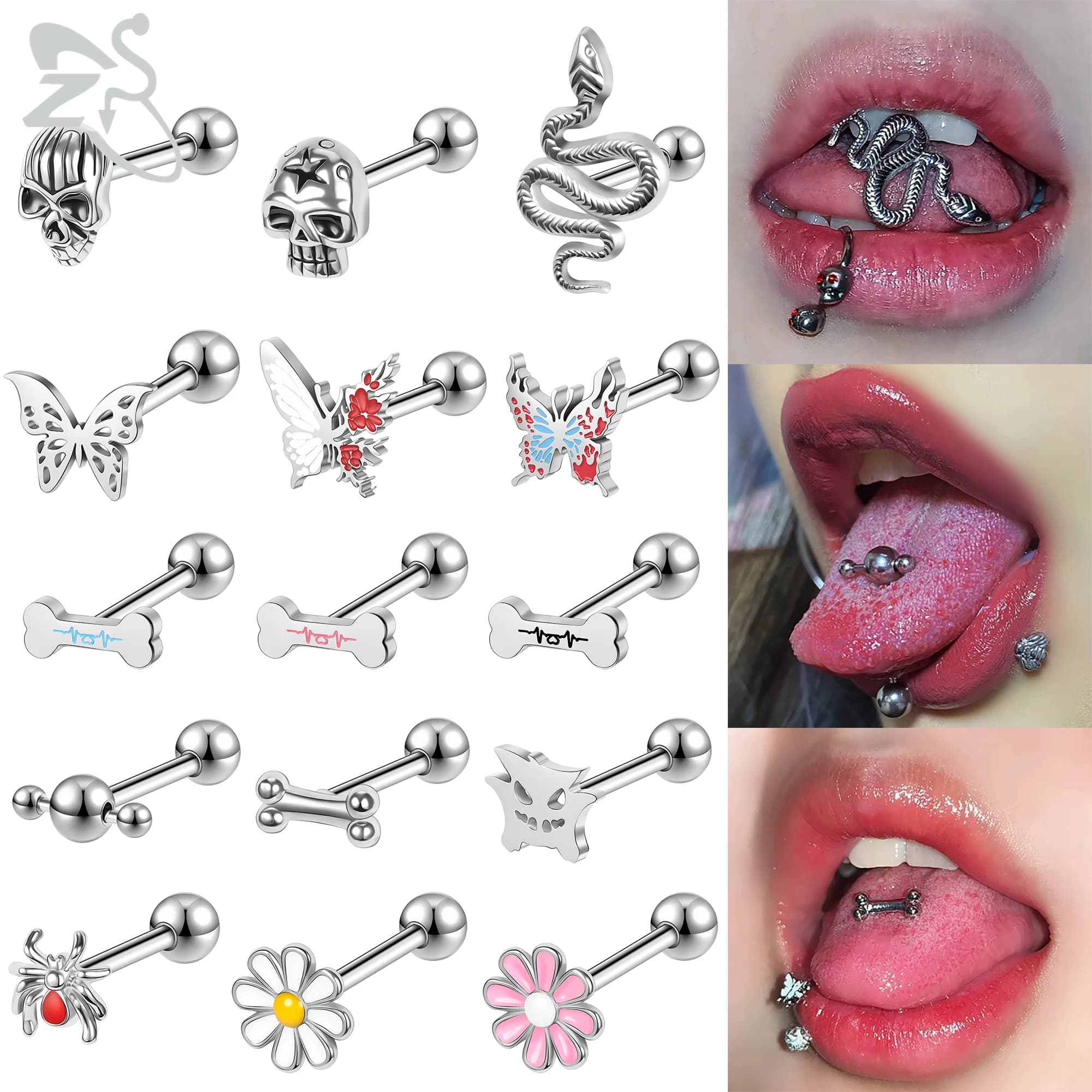 ZS 1 pezzo 14G anello penetrante per lingua in acciaio inossidabile colorato farfalla osso linguette stud punk teschio serpente gioielli penetranti per il corpo