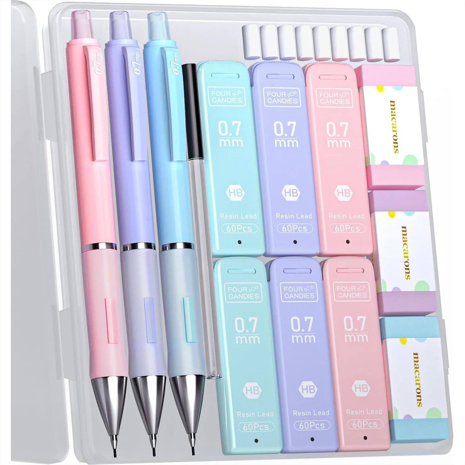 Mechanical Pencils Set 0.7mm with 360 Lead Refills, Pastel Erasers & Case, Cute School Supplies for Teen Girls Writing and