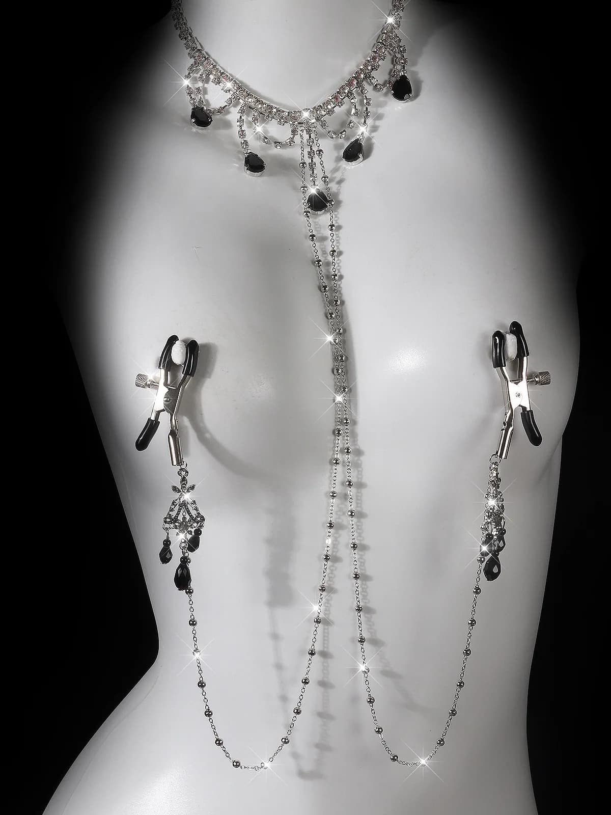Gothic Style Sexy Waterdrop Pendant Necklace Exaggerated Hanging Neck Diamond Chest Chain Body Chain Accessory for Club Use