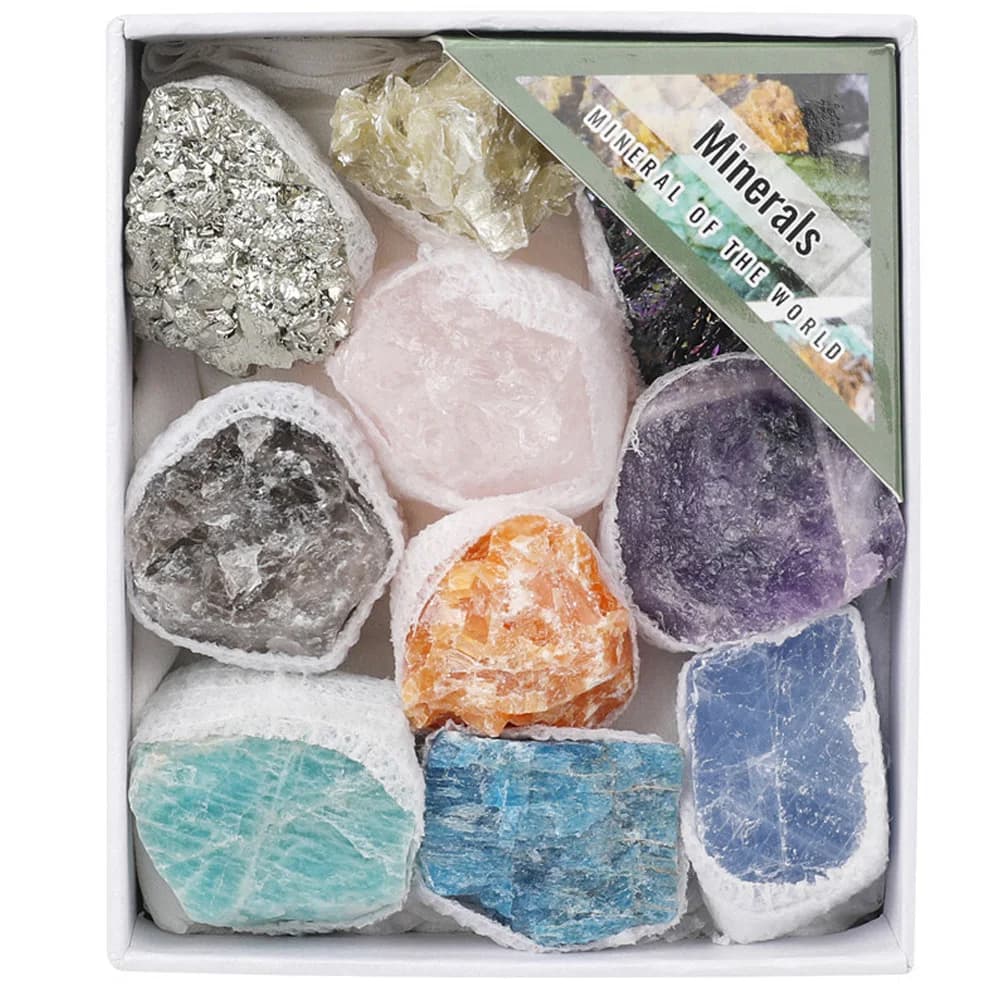 Natural Raw Stone Healing Crystal Minerals Box Kit Amethyst Pyrite Celestine Specimen Collection Geological Teaching Home Decor