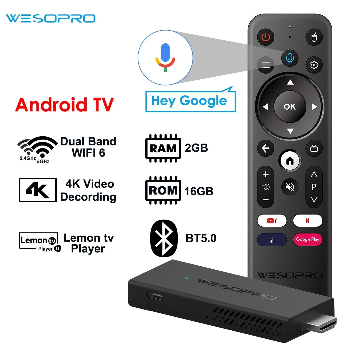 WESOPRO TV Stick G2 Android 12 Smart TV Dongle 2GB RAM 16GB ROM 2.4GHz 5.0GHz Wifi 6 BT5.0 H.265 4K 30pfs VS Xiaomi Mi TV Stick