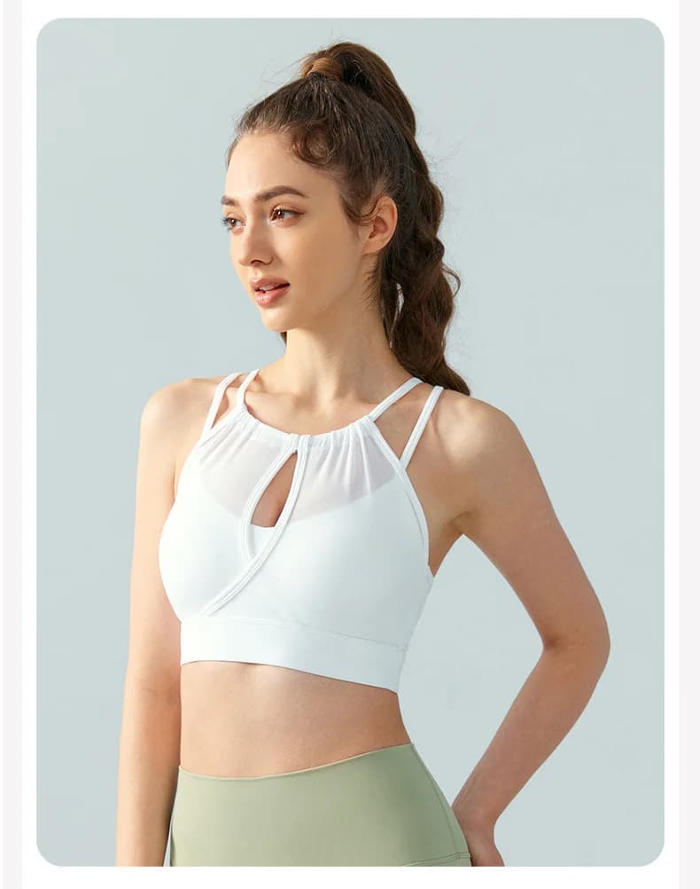 Women Mesh Patchwork Sexy Yoga Fitness Sports Bra Fake Two Piece Cut-out Deep V Sports Underwear Elastic Breathable Slim Bra