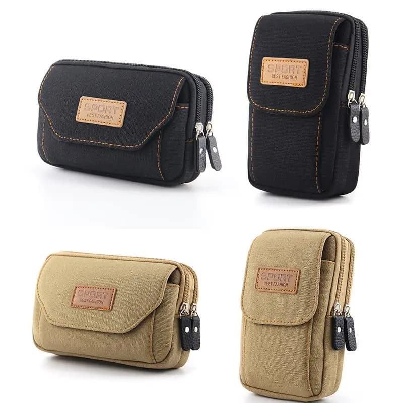 Men's Outdoor Canvas Mobile Phone Waist Bag Multi-Functional Belt Hanging Pocket Money Bag Bucket Shape Single Shoulder Bag