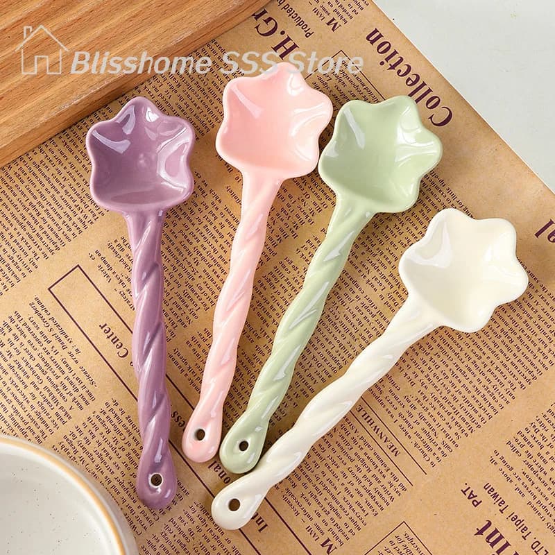 【S】Ceramic Star Shaped Spoon Twisted Spoon Cute Long Handled Cream Design Coffee Stirring Spoon Lightweight And Convenient