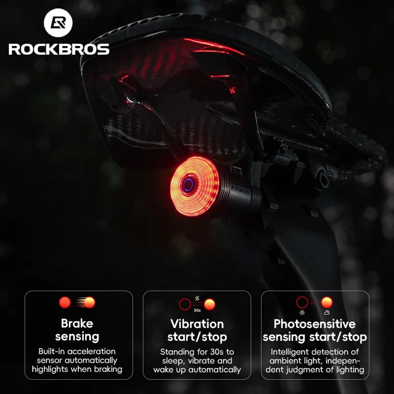ROCKBROS Luce di rilevamento del freno automatico intelligente per bicicletta Fanale posteriore per bicicletta Accessori per luci posteriori per bici Q0