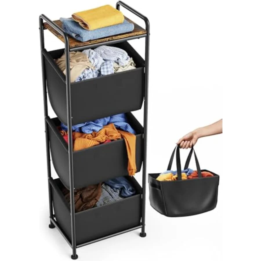 Cesto portabiancheria a 3 sezioni con sacchi rimovibili da 120L, cesto portabiancheria verticale impilabile, organizer per bagno e appartamento