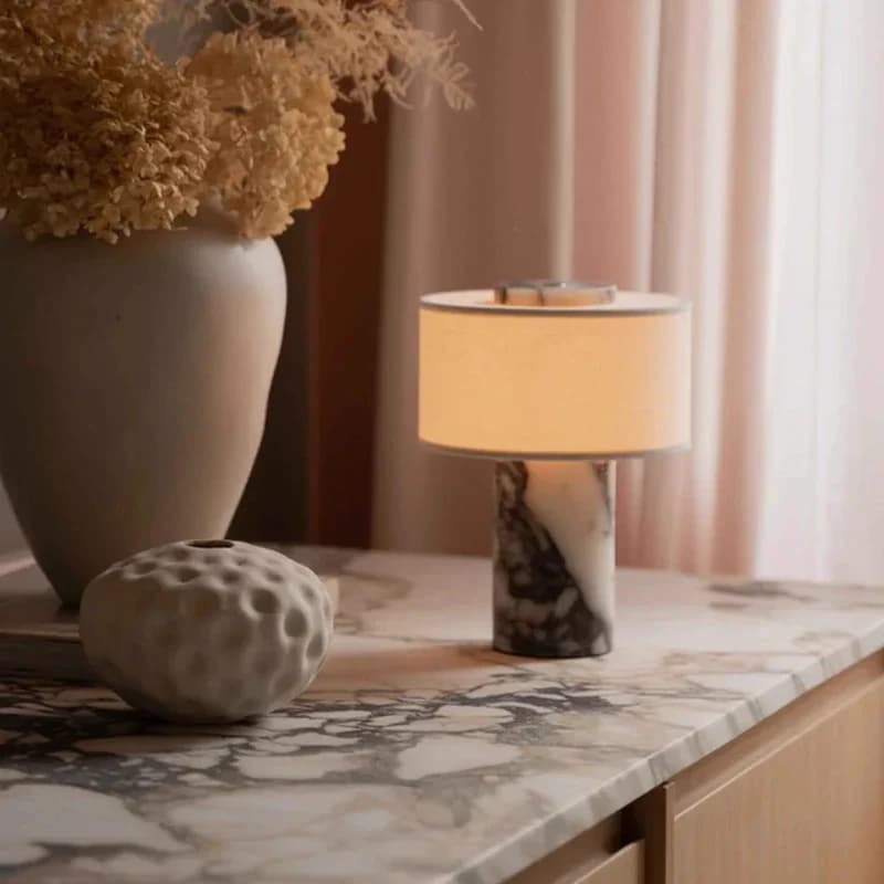 Lampada da tavolo portatile in marmo naturale con paralume in tessuto, ricarica USB, dimmerabile a sfioramento, per soggiorno, camera da letto, lussuosa lampada da comodino