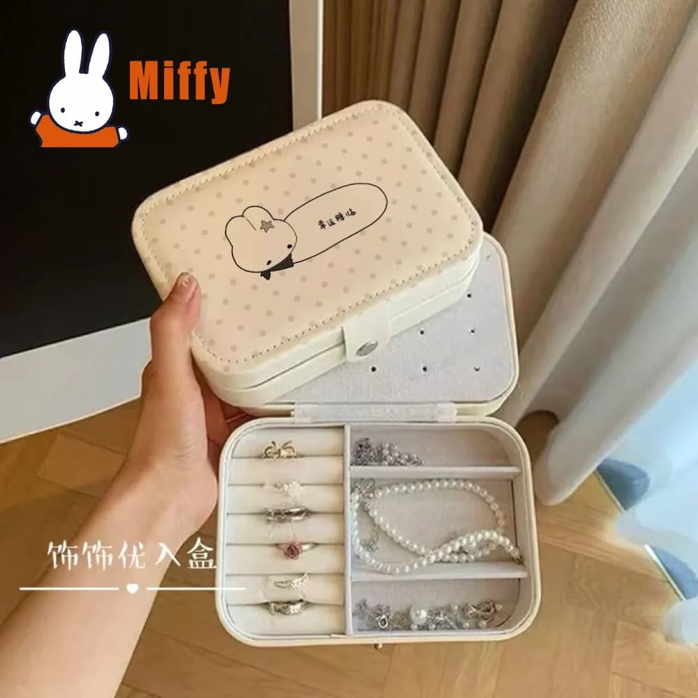 Kawaii Miffy Jewelry Box Cute Rabbit Organizer Case Portable Three- Layer Earring Ring Necklace Stud Holder Small Travel Gift