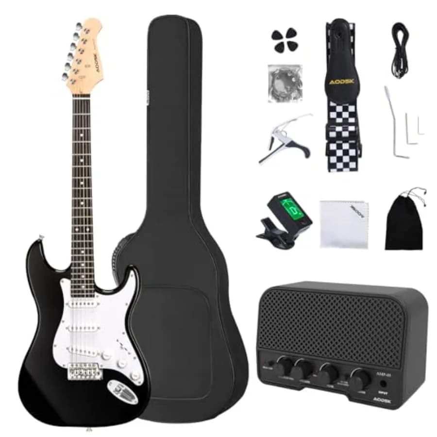 Chitarra Elettrica con Amplificatore Kit per Principianti 39 Pollici Corpo Solido Dimensione Standard Tutti gli Accessori Accordatore Digitale Sei Corde Quattro Plettri Tremolo