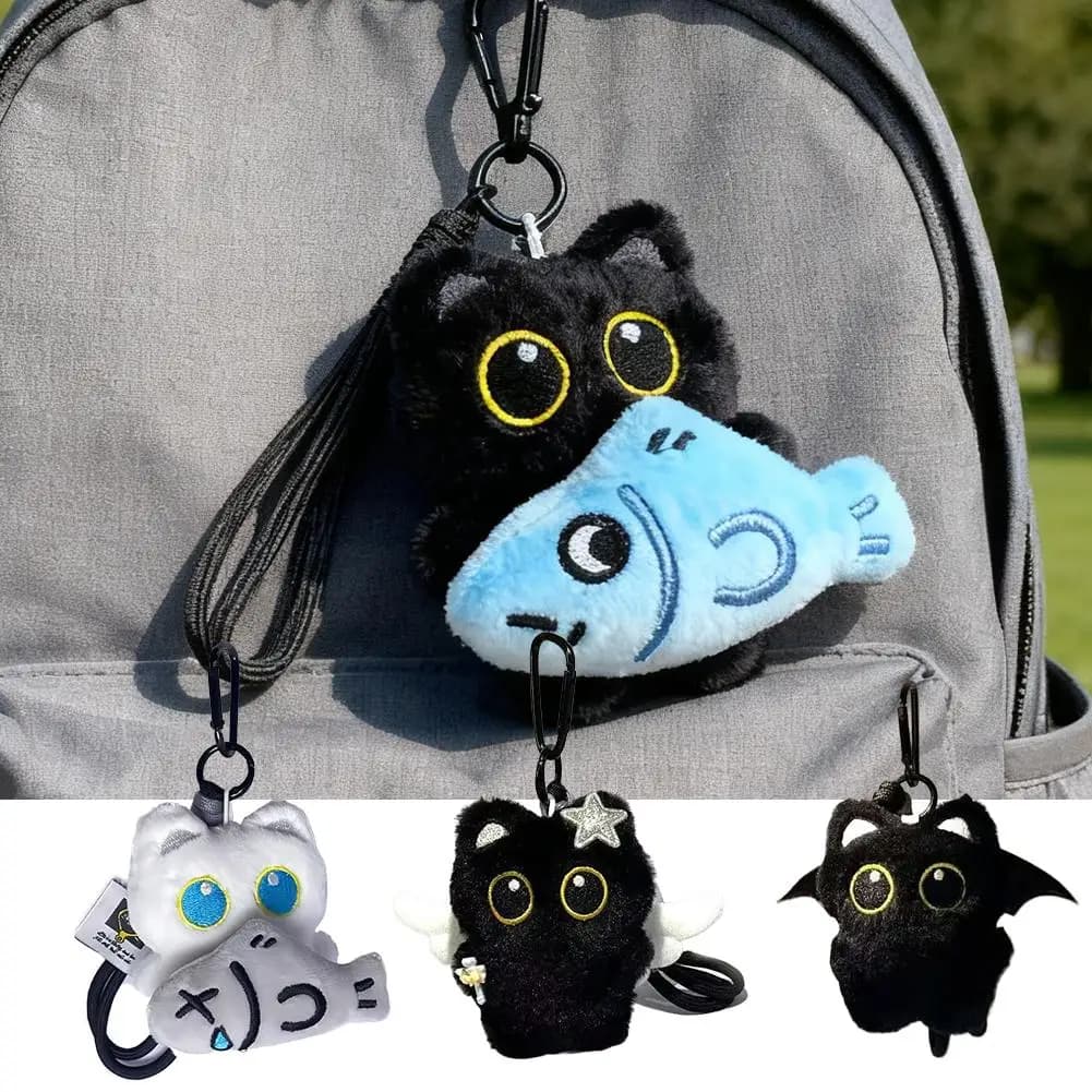 Portachiavi con Gatto Nero in Peluche, Decorazione per Borsa, Giocattolo Kawaii, Accessorio per Auto, Regalo per Coppie