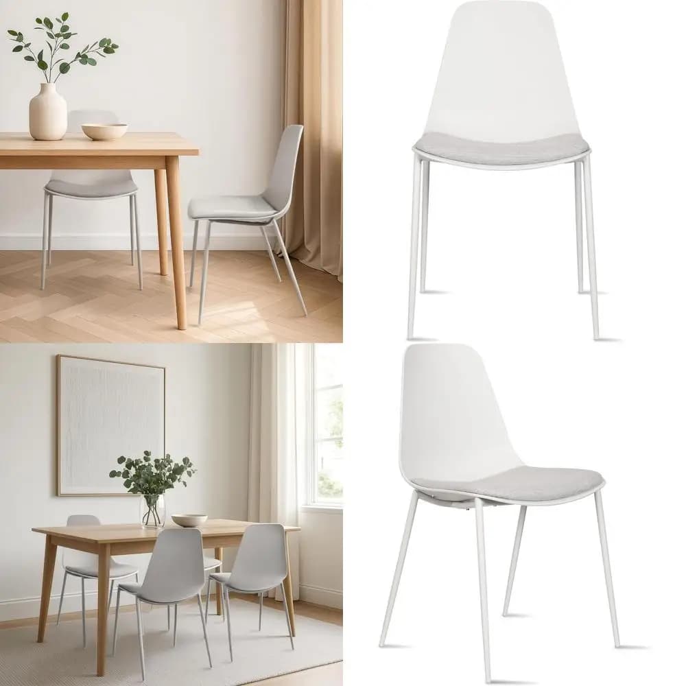 Dining Chair Padded in White Fabric with Metal Legs, Suitable for Internal and External Use