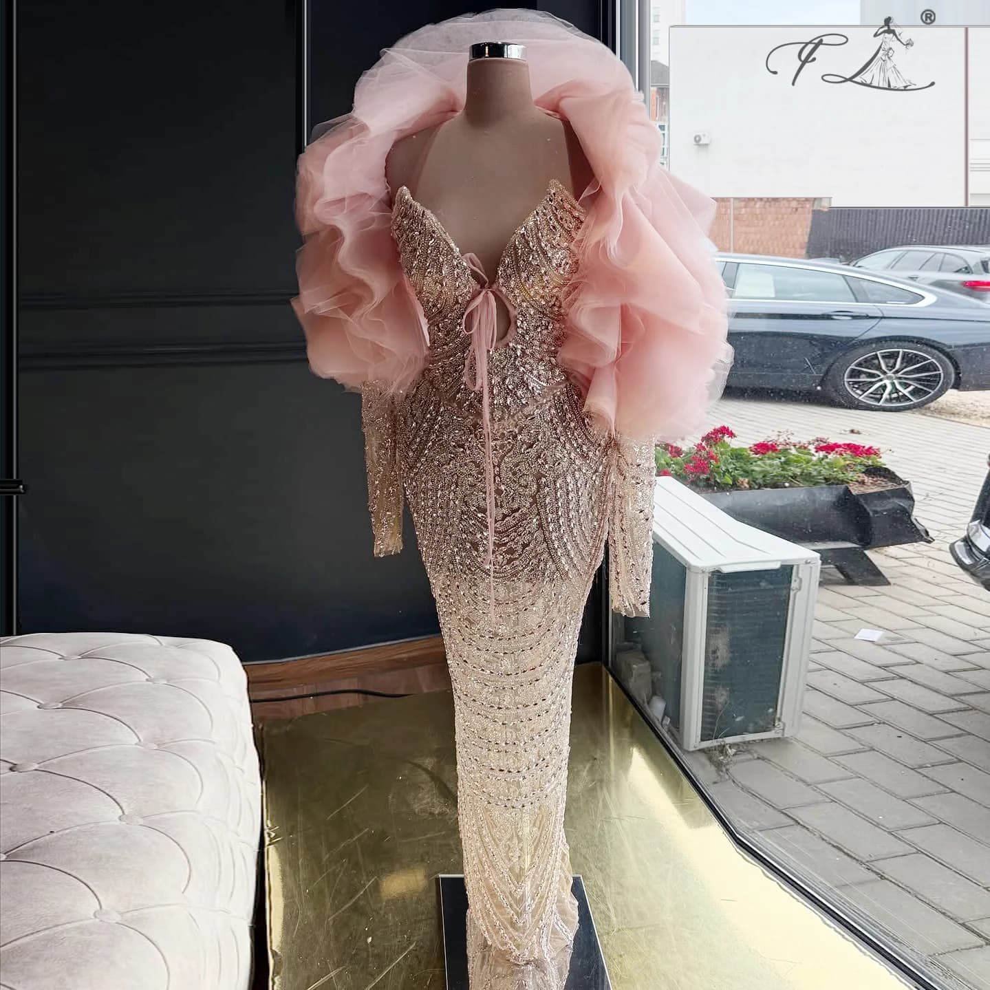 Abito in pizzo con strass Abito da ballo con scialle trasparente rosa con scollo a V Abito da sirena a maniche lunghe Abito da festa personalizzabile