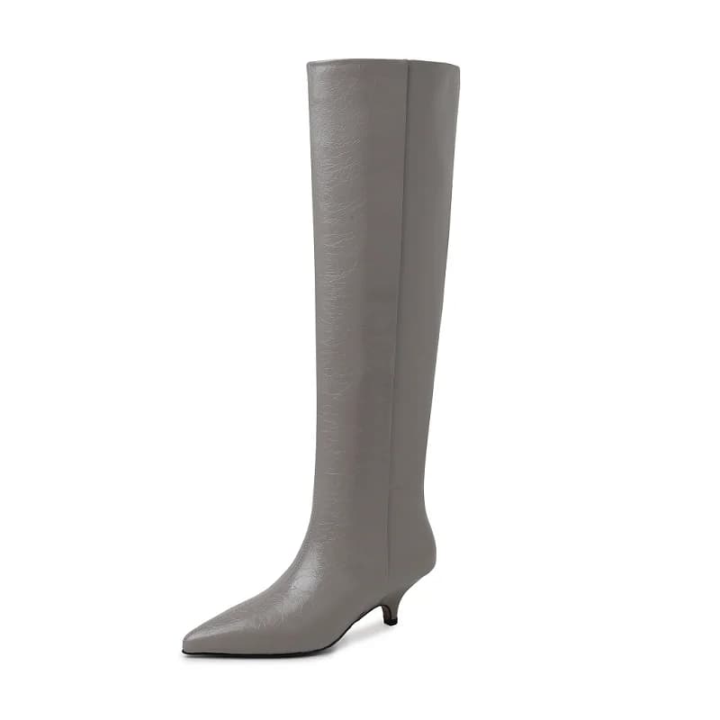 Stivali da donna Primavera Autunno Botas Slip On Stivali alti al ginocchio Botas Scarpe in pelle di mucca Punta a punta Stivali moderni da donna marroni grigi
