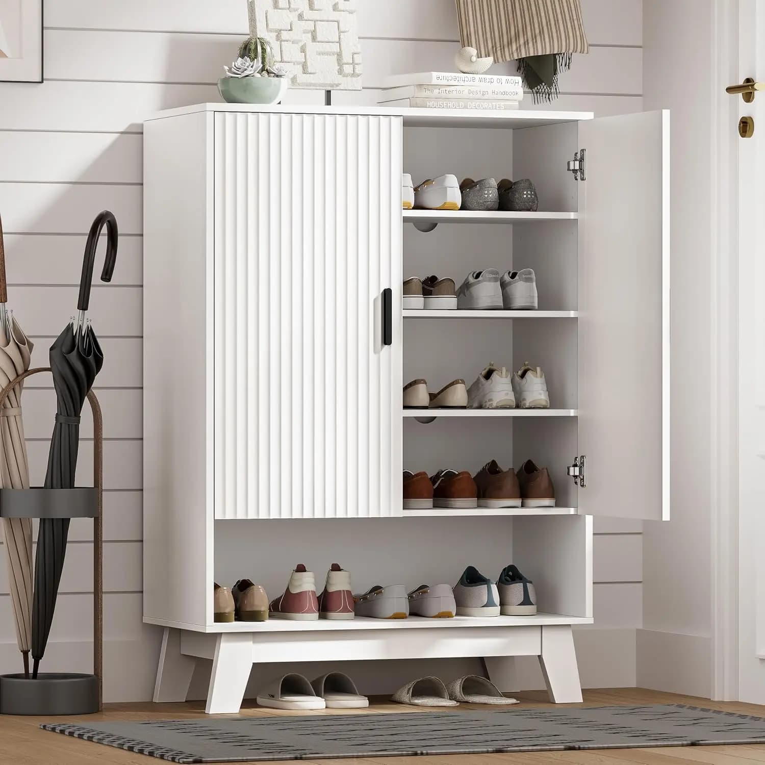 Entryway Shoe Cabinet with Doors 5 Tier Fluted Organizer Adjustable Shelves Wooden Legs Freestanding Shoe Rack, Customized