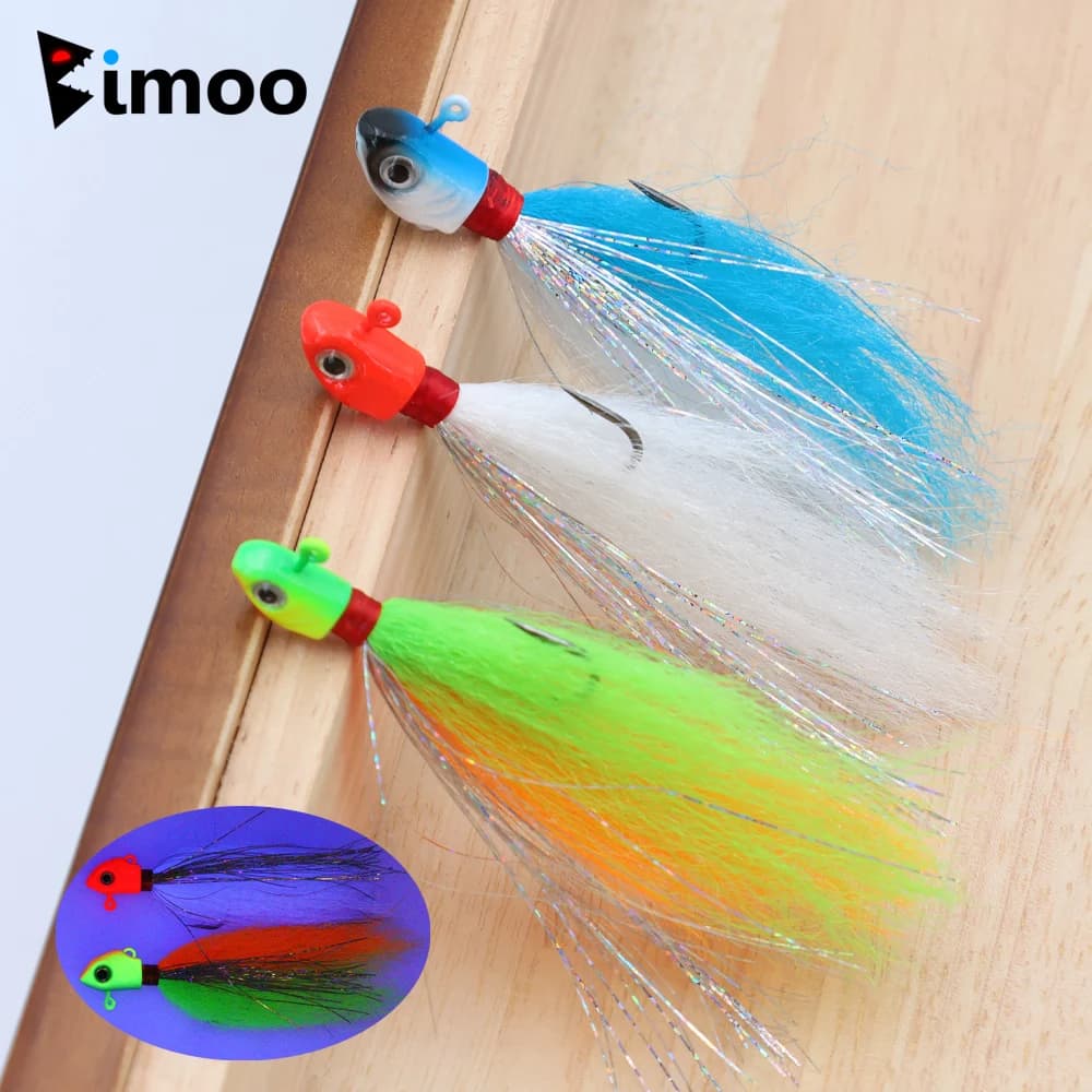 Set of 3 baits with 10g Rain Head, 15g, 20g with Fibra Bucktail for Bass Fishing/Redfish/Snook/Walleye/Pike in Salt Water and Sweet