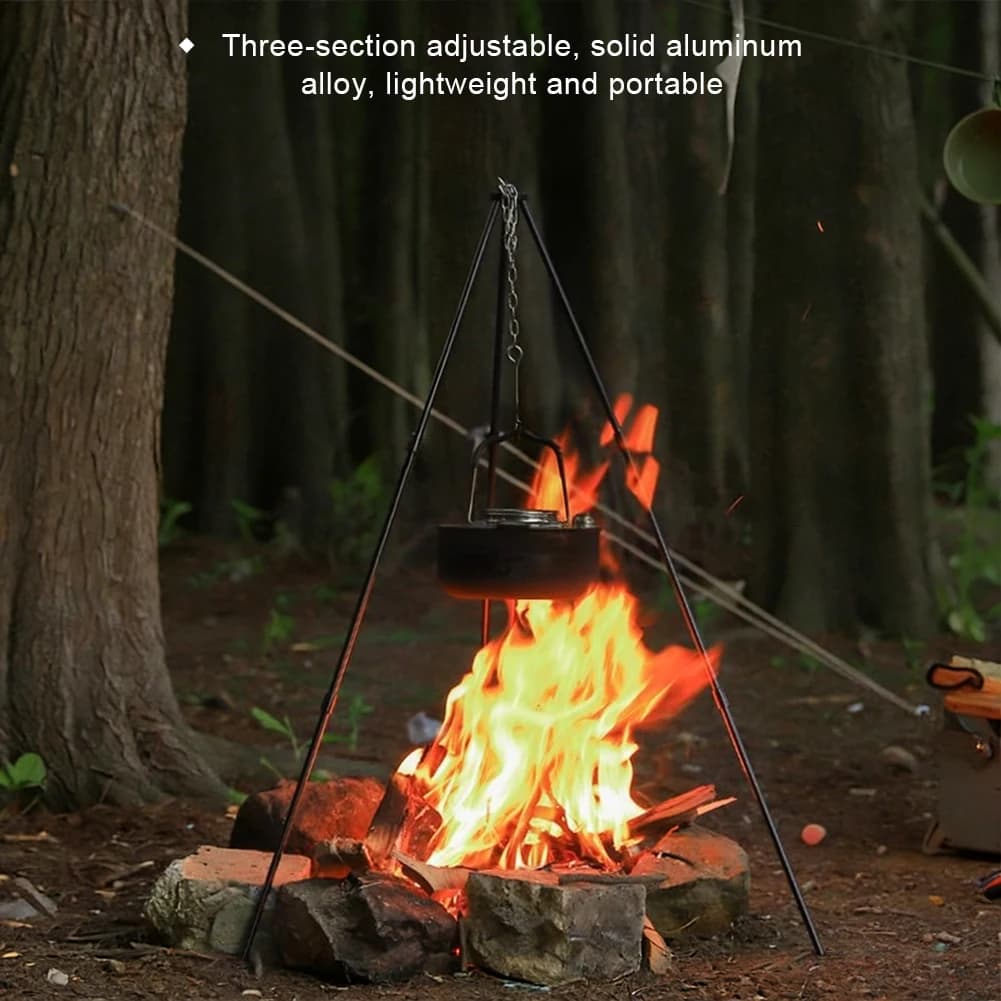 Triangular tripod holder for camping, picnic and barbecue, with chain to hang the pan, for outdoor use.