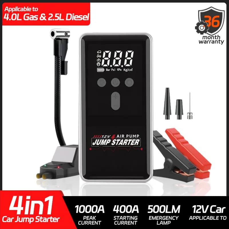 4 in 1 Pompa d'aria Accumulatori e caricabatterie di riserva Illuminazione Benzina Diesel Auto di emergenza Booster Auto portatile Salto di avviamento 12000mAh Ricarica rapida 1000A