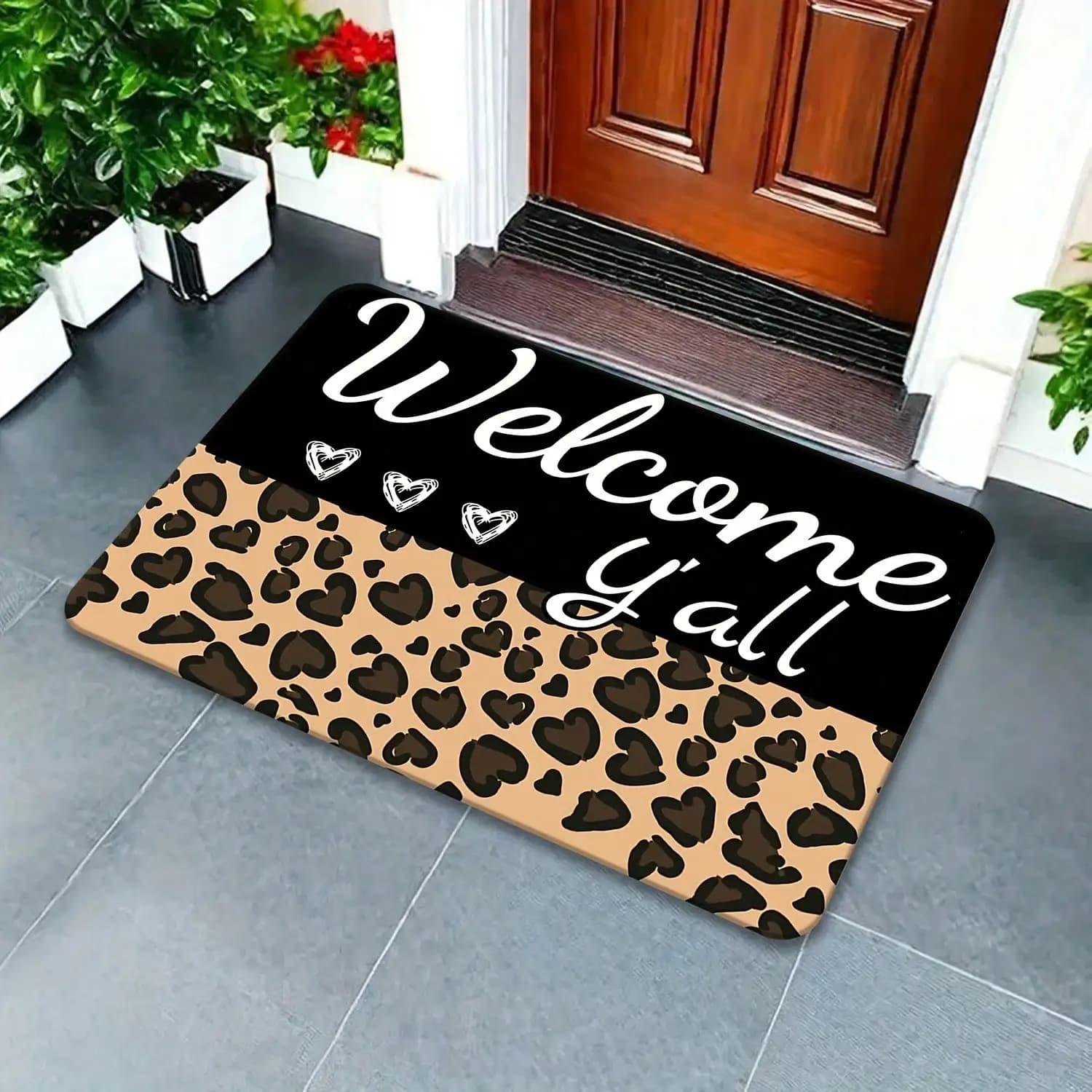 1pc Leopard Print Welcome Y'all Non-Slip Doormat - Soft Flannel, Washable, Rectangular Entrance Laundry Room, Kitchen, Bathroom, And Home Decor Accessories