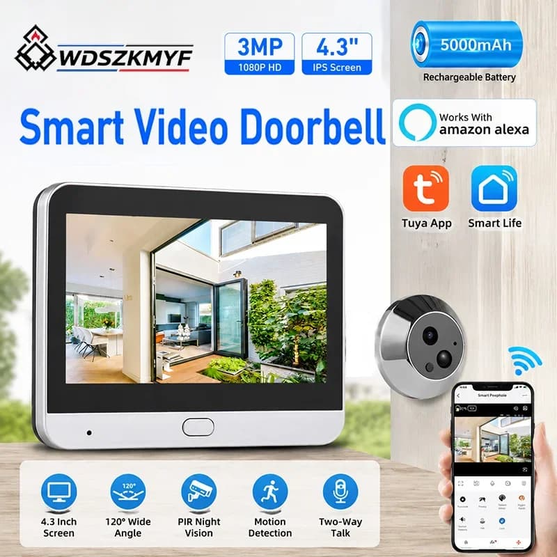 3MP Wireless Digital Door Eye Camera Tuya WiFi Peephole Cam 4.3‘’ Monitor 5000mAh PIR Alarm Two Way Audio Compatible For Alexa
