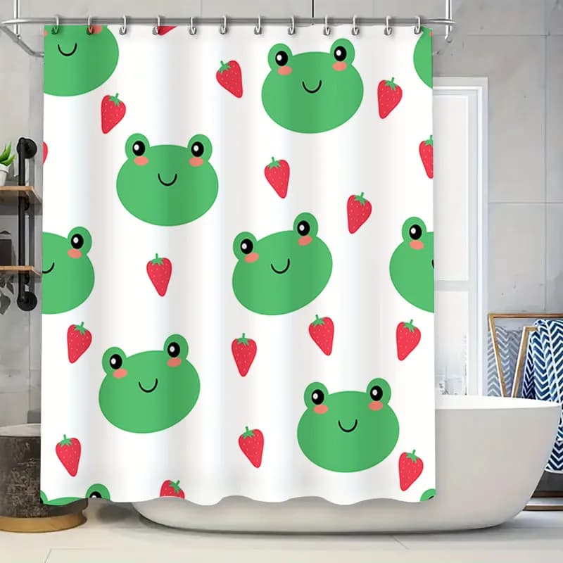 Tenda da doccia in cotone con rana cartone animato, decorazione per il bagno, stampa impermeabile, decorazione per la casa, modello verde rosso fragola (86x174 cm)