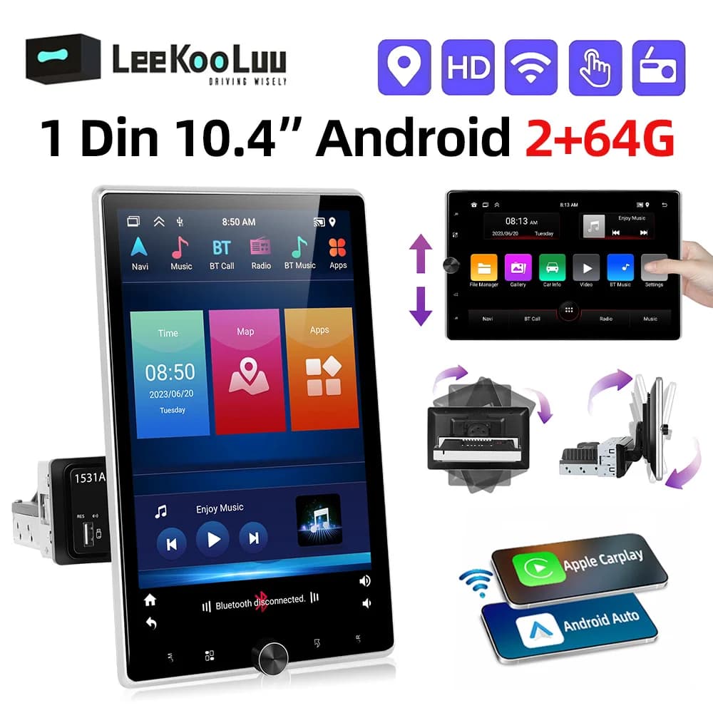 LeeKooLuu 1 Din Wireless Carplay Android Auto Car Radio 10.4 "schermo girevole verticale 2 + 64G lettore multimediale 1Din Stereo GPS