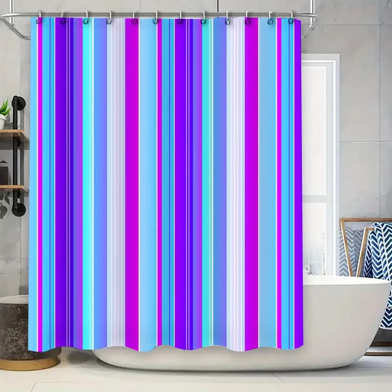 Decorazione da bagno con tenda da doccia a strisce audace, design moderno blu viola con set topper con passacavo per vasca da bagno.