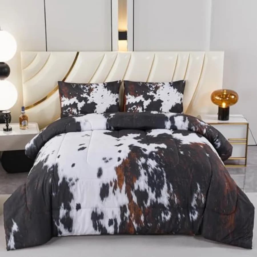 Comforter Set 3 Pieces Cow Print Bedding Set Western Farmhouse Rustic Bed Comforter Set Black White Brown Cowhide Quilt Set