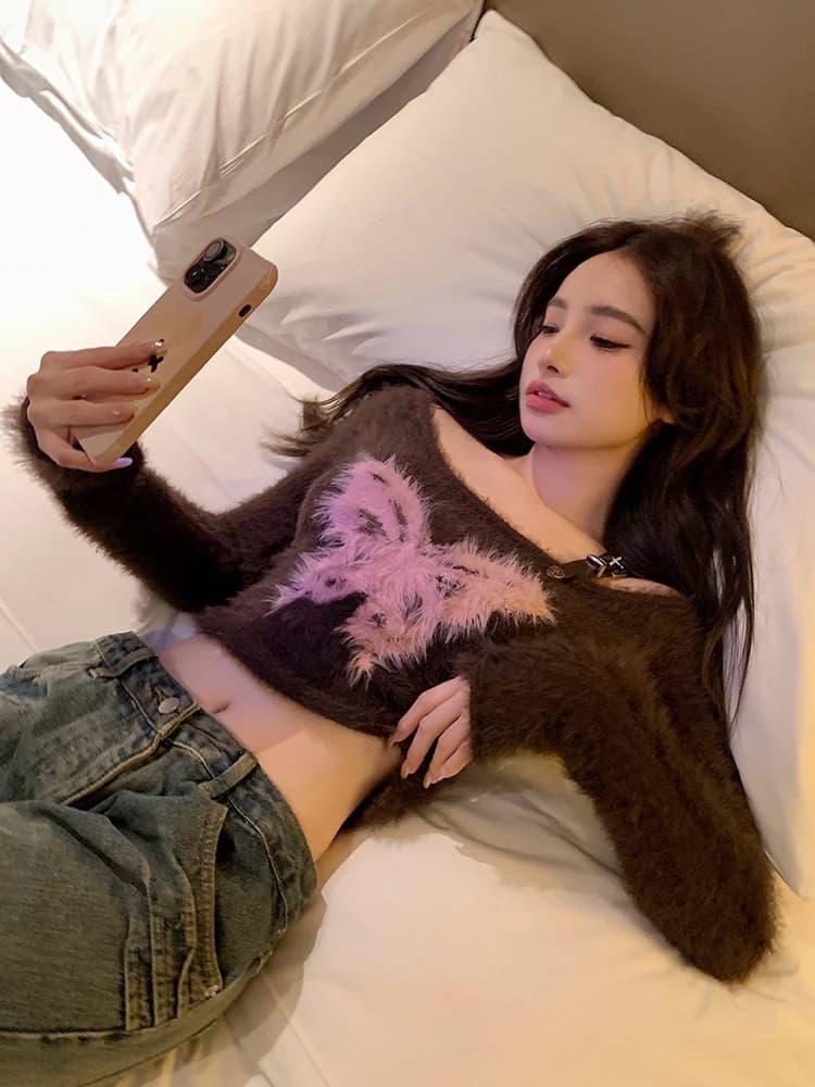Retro Knitted Short Top Shoulder Bared Design Base Layer Spring Summer Spicy Girl Knitting Underwear Women's T-shirt