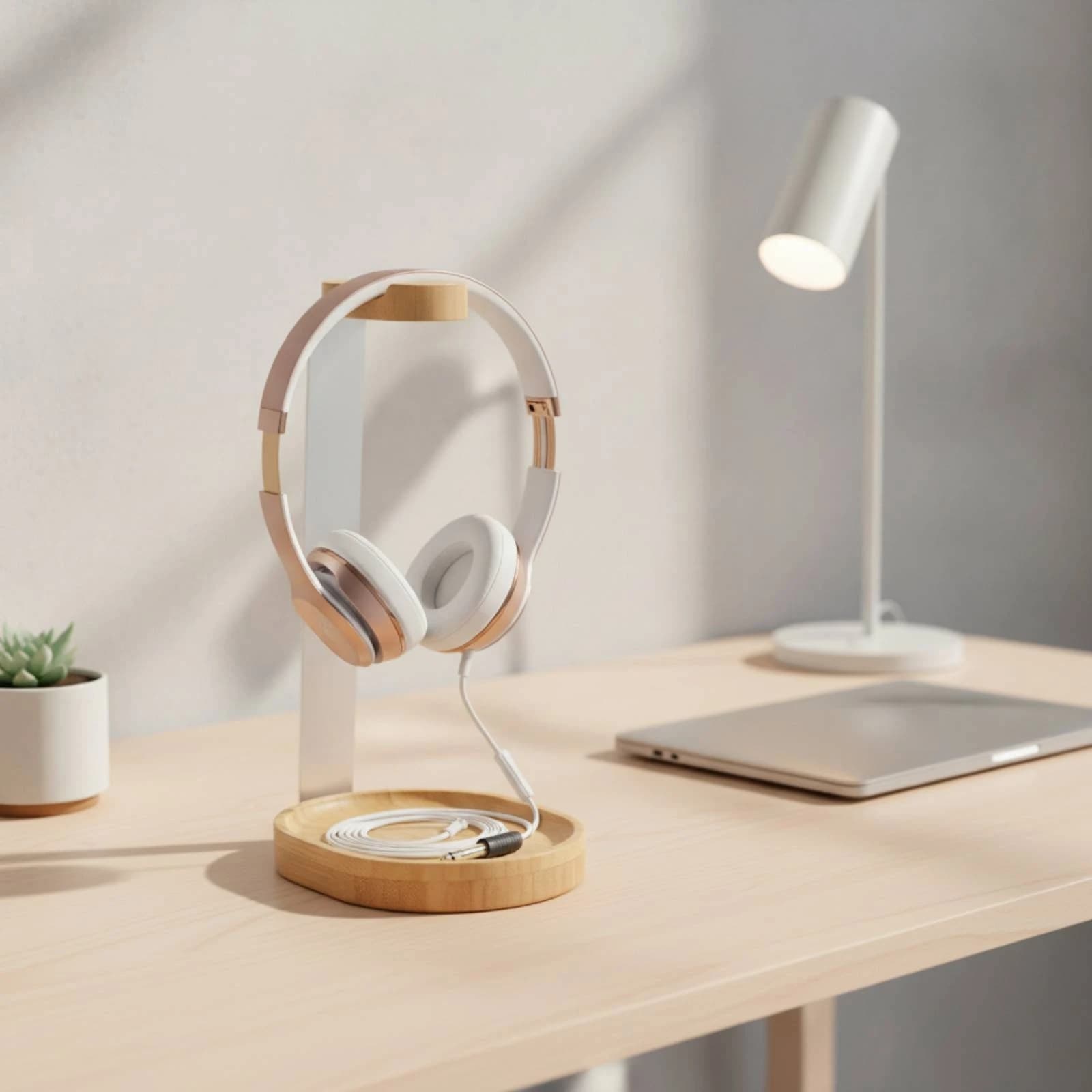 Headphone Stand with Wooden Base Desk Wood Headphone Stand Headset Holder with Storage Base Space-Saving Compact
